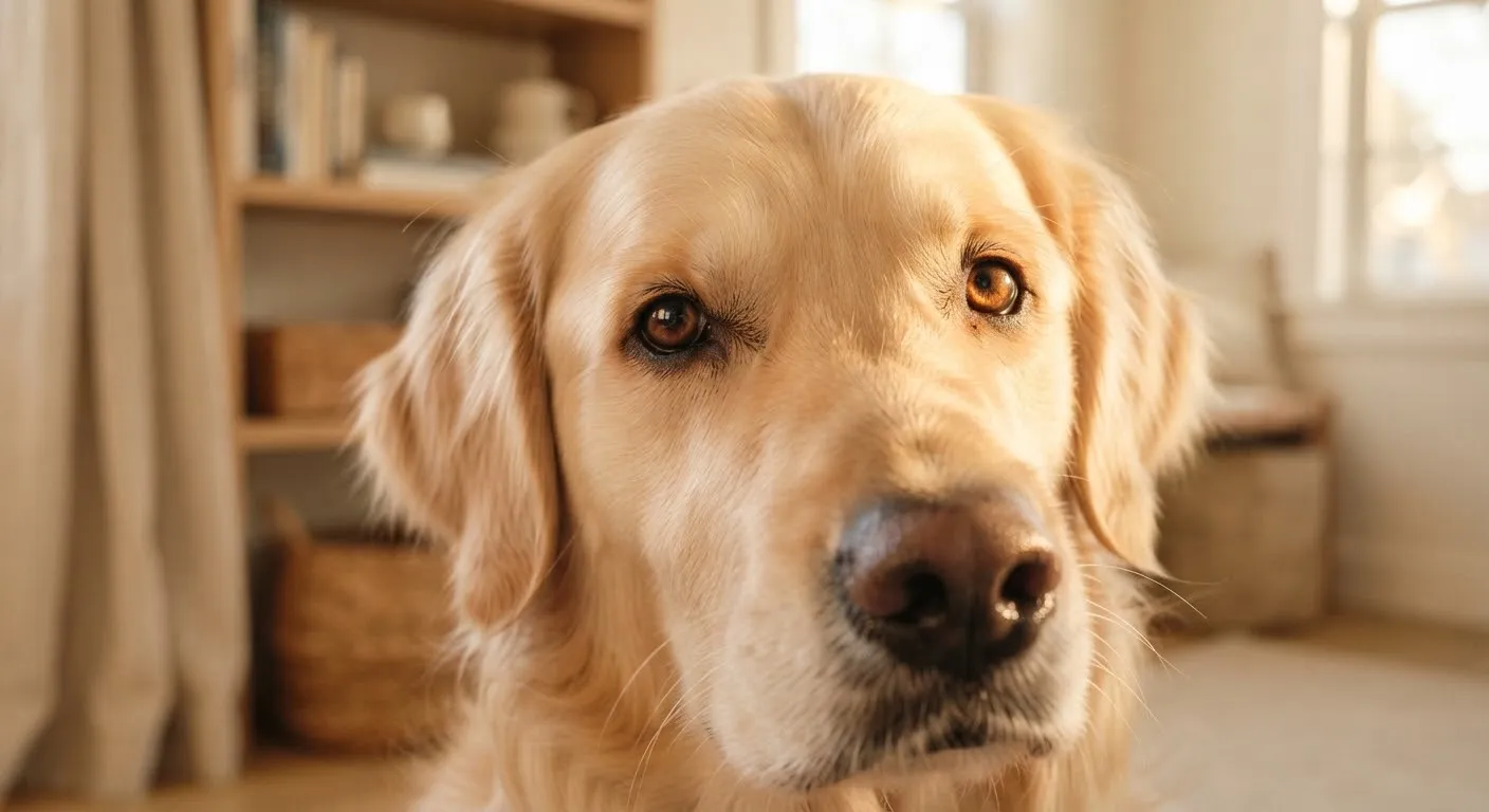 Portrait d'un chien aux yeux expressifs, dans la lumière chaude d'un salon