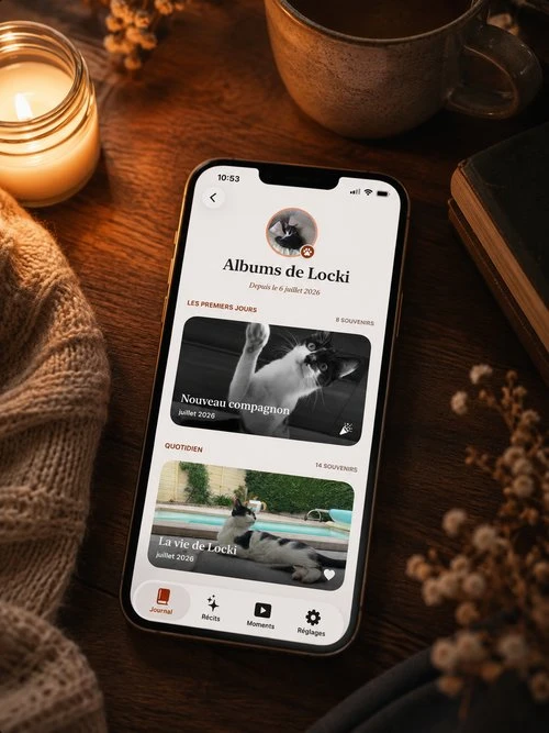 Un iPhone affichant l'écran des albums de Locki dans l'app Pawmories, posé sur une table en bois avec une bougie