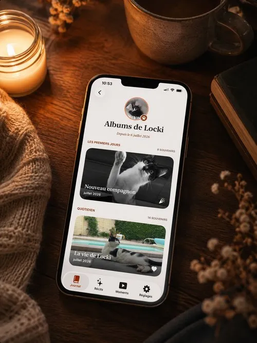 Un iPhone affichant l'écran des albums de Locki dans l'app Pawmories, posé sur une table en bois avec une bougie
