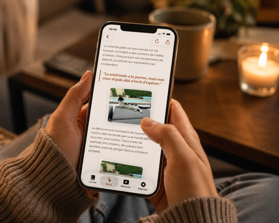 Une main tenant un iPhone affichant un récit illustré Pawmories, avec une citation mise en avant et une photo de chat