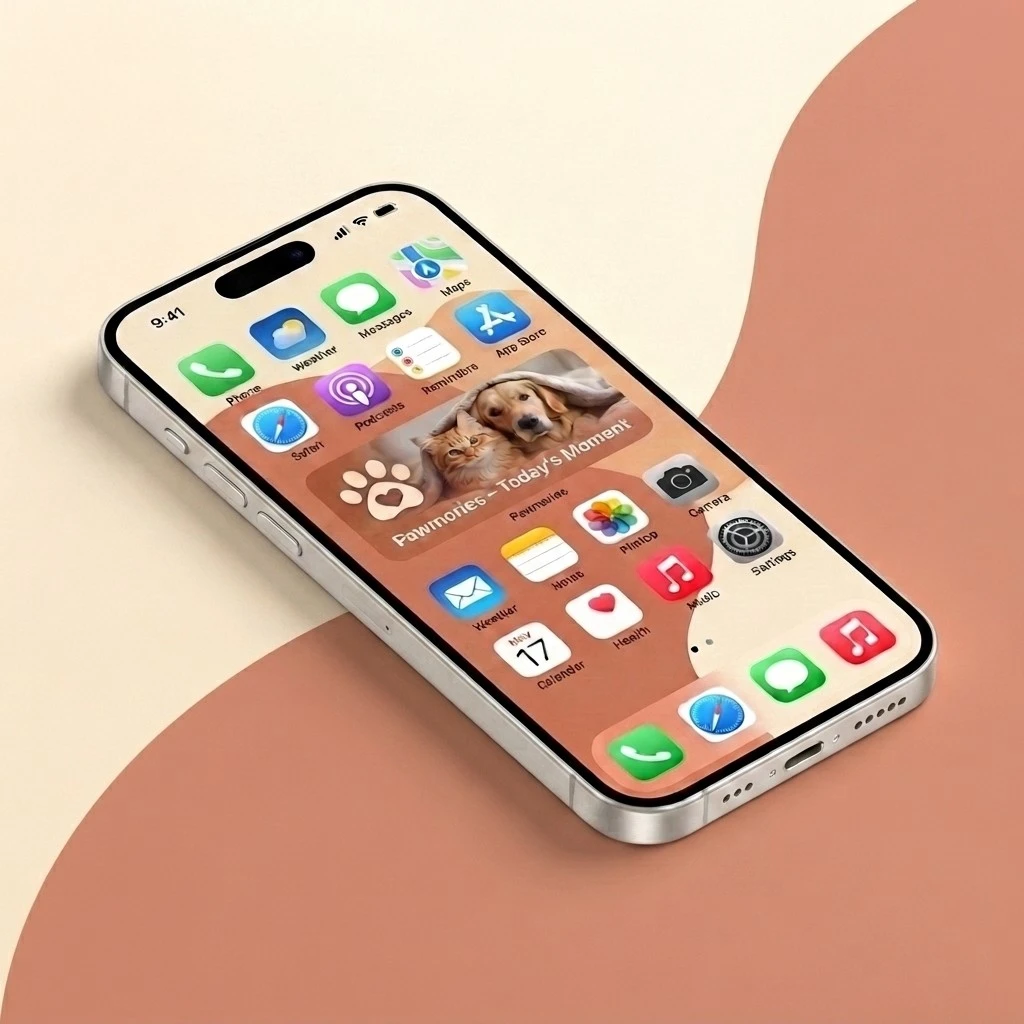 Un iPhone posé sur une table affichant le widget Pawmories sur son écran d'accueil, avec une photo d'un chat et d'un chien